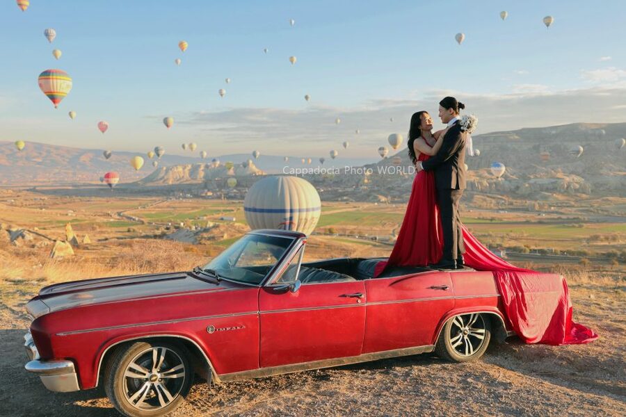 Cappadocia Photo Shoot with Classic Car and Flying Dress - Love Valley adds the wide Cappadocia backdrop