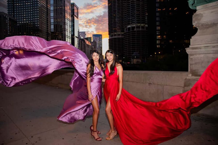 Chicago Luxury Flying Dress Photoshoot - Walking toward the Chicago Riverwalk
