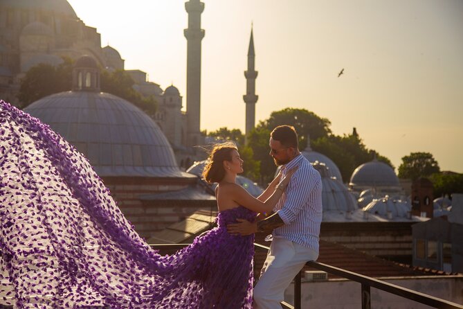 Flying Dress Photography on an Iconic Rooftop in Istanbul - Stop one: rooftop views toward the Bosphorus Bridge