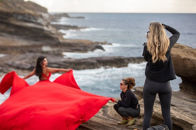 Flying Dress Photoshoot on Oahu - Sunrise, volcanic rock, and the first photographs