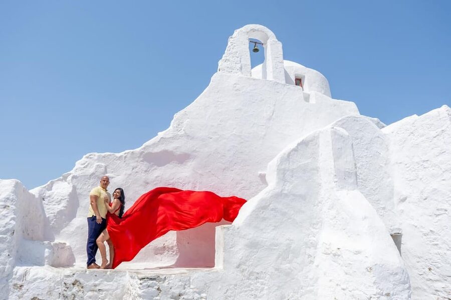 Flying Dress Photoshooting Mykonos - Meeting at the windmills in Mykonos Town