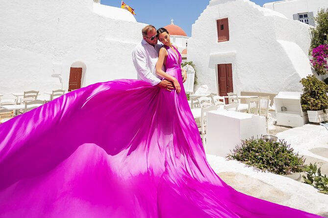 Private Flying Dress Photoshoot in Mikonos - Ancient ruins with Aegean views