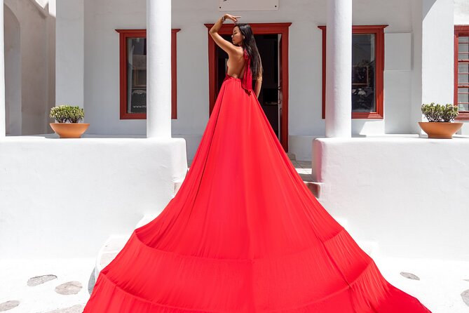 Private Flying Dress Photoshoot in Mikonos - Bougainvillea and traditional Mykonos views