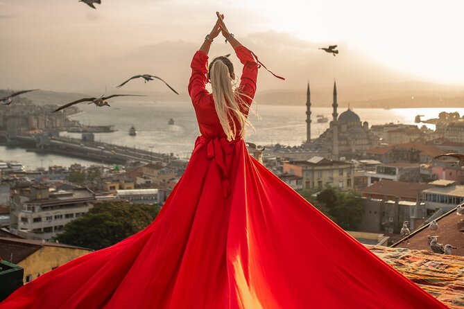Rooftop Flying Dress Photo Shoot in Istanbul - Feeding gulls for the dramatic flying shots